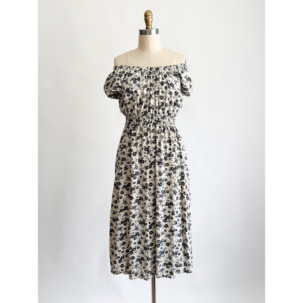 Gap Midi Dress Off Shoulder Floral Smocked Waist Small Cream Black Puff Sleeve S